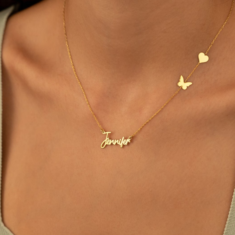 Birth Flower Necklace - Personalizado borboleta coração forma nome colares